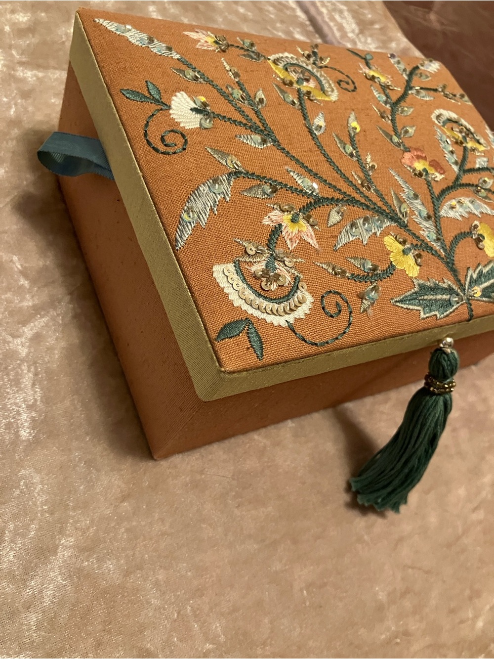 Embroidered boho Floral Jewelry Box in Burnt Orange with Green Tassel - Picture 2 of 7